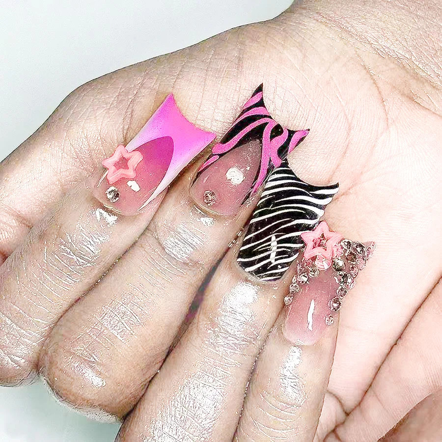 Pink Leopard Duckbill Press On Nails Sweet French Full Cover False Nails