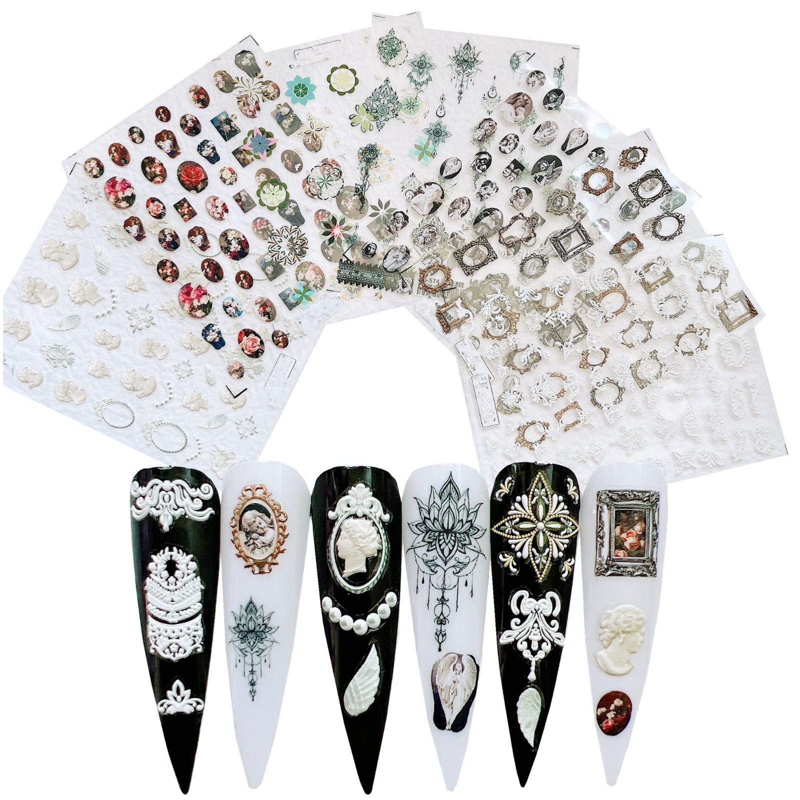 3D White Wedding Nail Art Stickers – 7 Sheets Decorative Frame Shapes for Nails