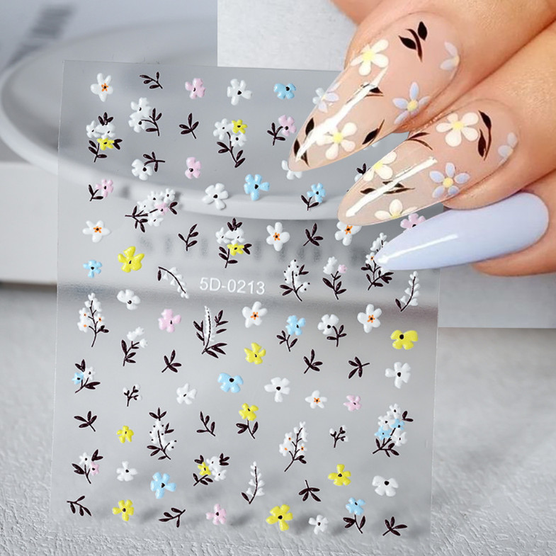 5D Embossed Nail Stickers Daisy Heart Flower Bow Engraved Adhesive Peel NH27