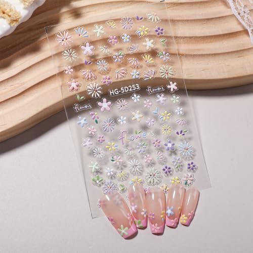4 Sheets 3D Flower Nail Stickers Colorful Floral Daisy Nail Nail Art Stickers6