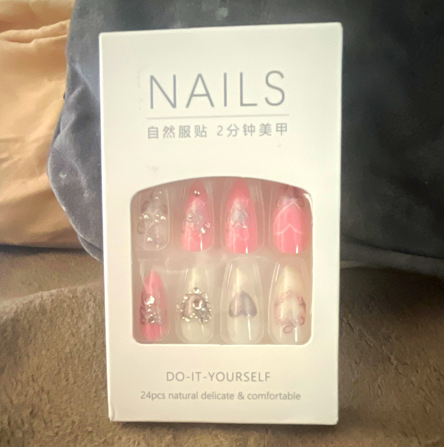 Pink, White, Purple Almond Press-On Nails Set, 24pcs Cute & Hearts – New in Box