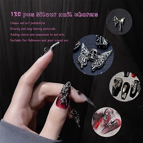 130pcs 3D Goth Nail Charms Y2K Chrome Nails Art & DIY Punk Bracelet Silver