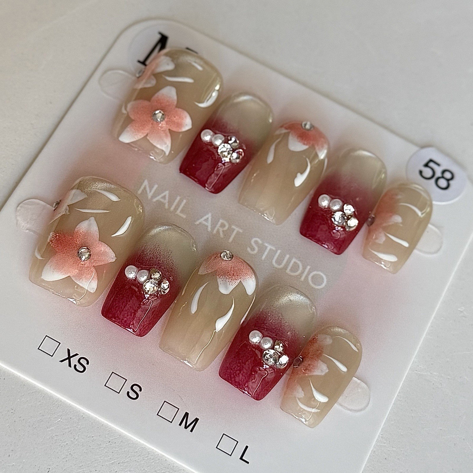 Handmade Nude 3D Flower Press-On Nails Size M Medium Square Reusable False Nail