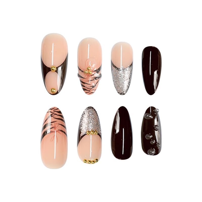 Long Almond Press on Nails Nude Black Gold False Nails French Tip Luxury Stic…