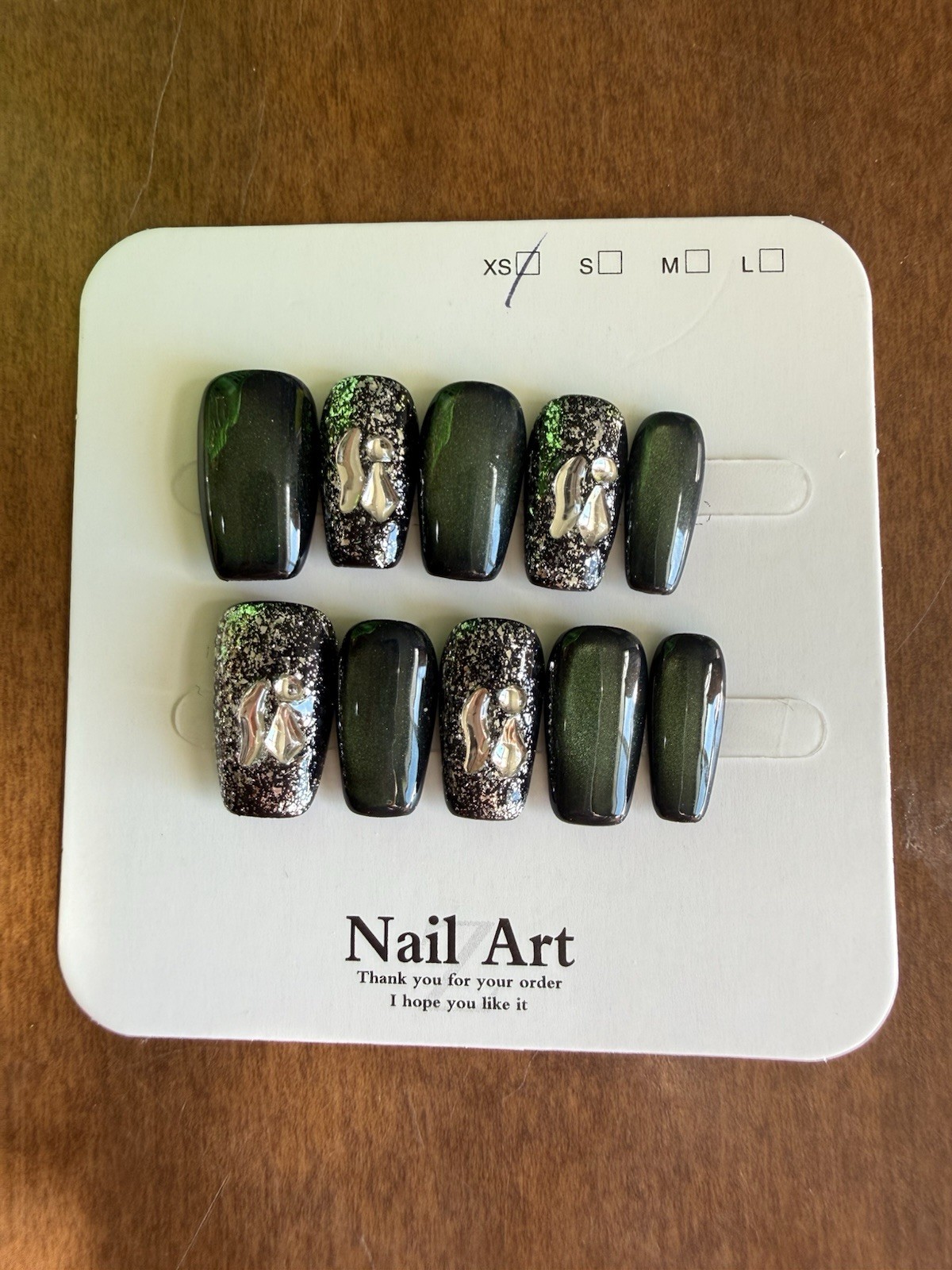 Press-On Nails Medium Coffin Dark Green Black Silver Glitter Shiny 3D Acrylic
