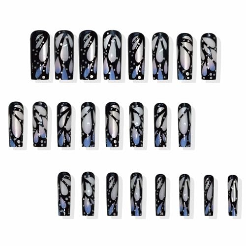 Long Square Press on Nails Blue Ombre French Tip Fake Nails 211-08 BlueBlack