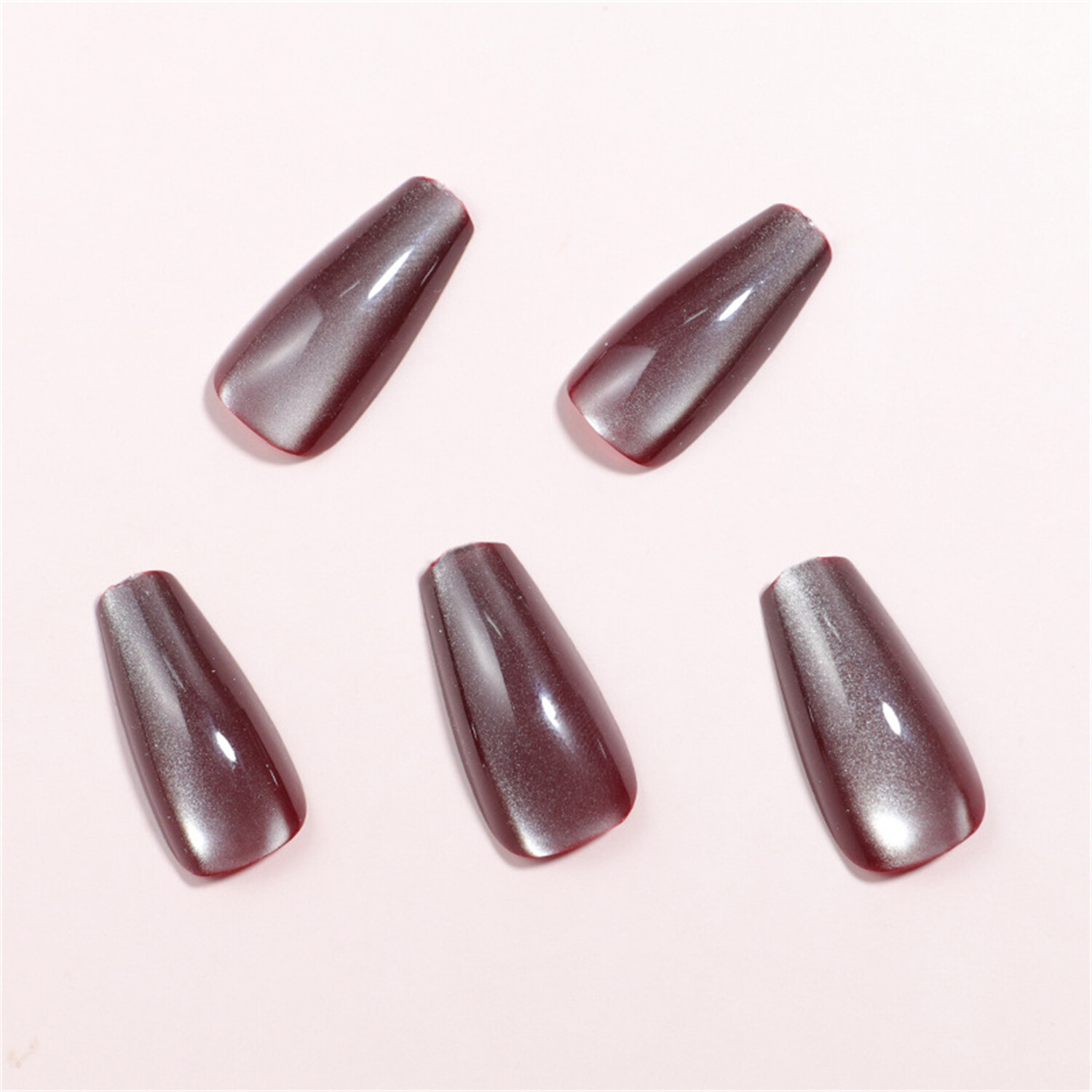 24pcs Wine Red Cat’s Eye Press-On Fake Nail Medium Coffin Sparkling Manicure