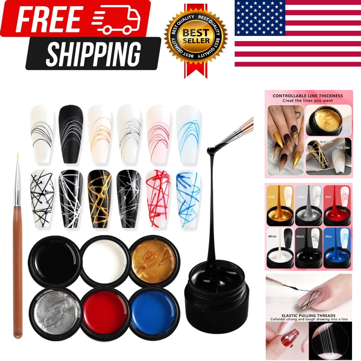 6 Colors Spider Gel Set Elastic Drawing Spider Gel with Nail Art Brush White