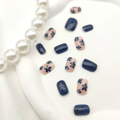 Dark Blue Press on Nails – Short Square Fake Nails with Flower Designs – Spring