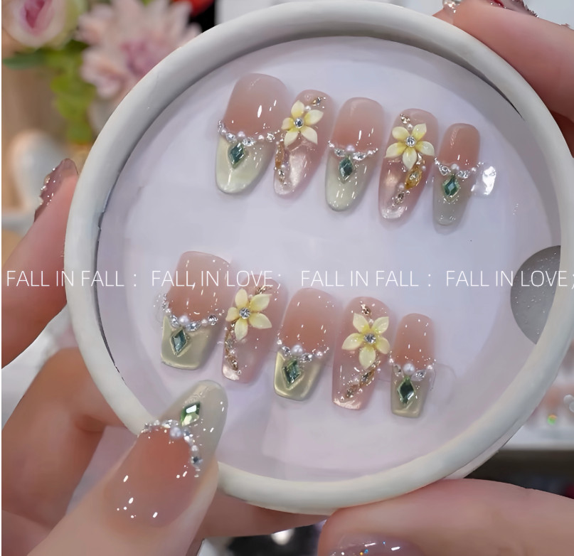 Handmade Press On Nail Nude French 3D Yellow Flower & Green Crystal False Nail