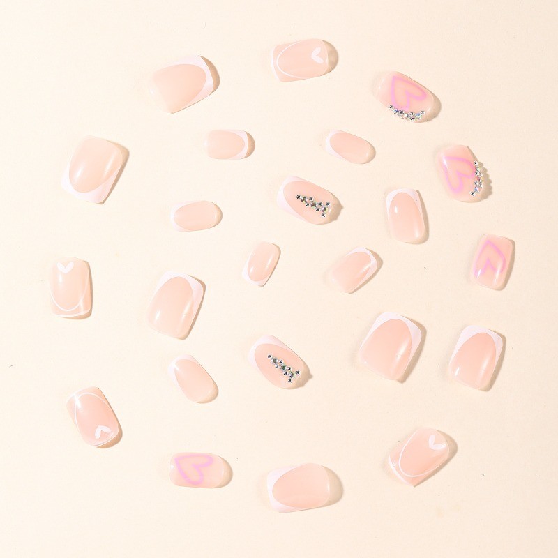 48 Pcs of Wearable Short Square White Minimalist French Pink Removable Fake Nail