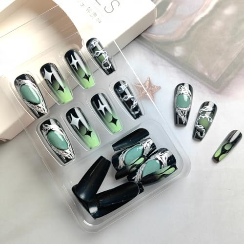 24Pcs Square Press on Nails Medium Punk Fake Nails Green Punk Nails Medium-24