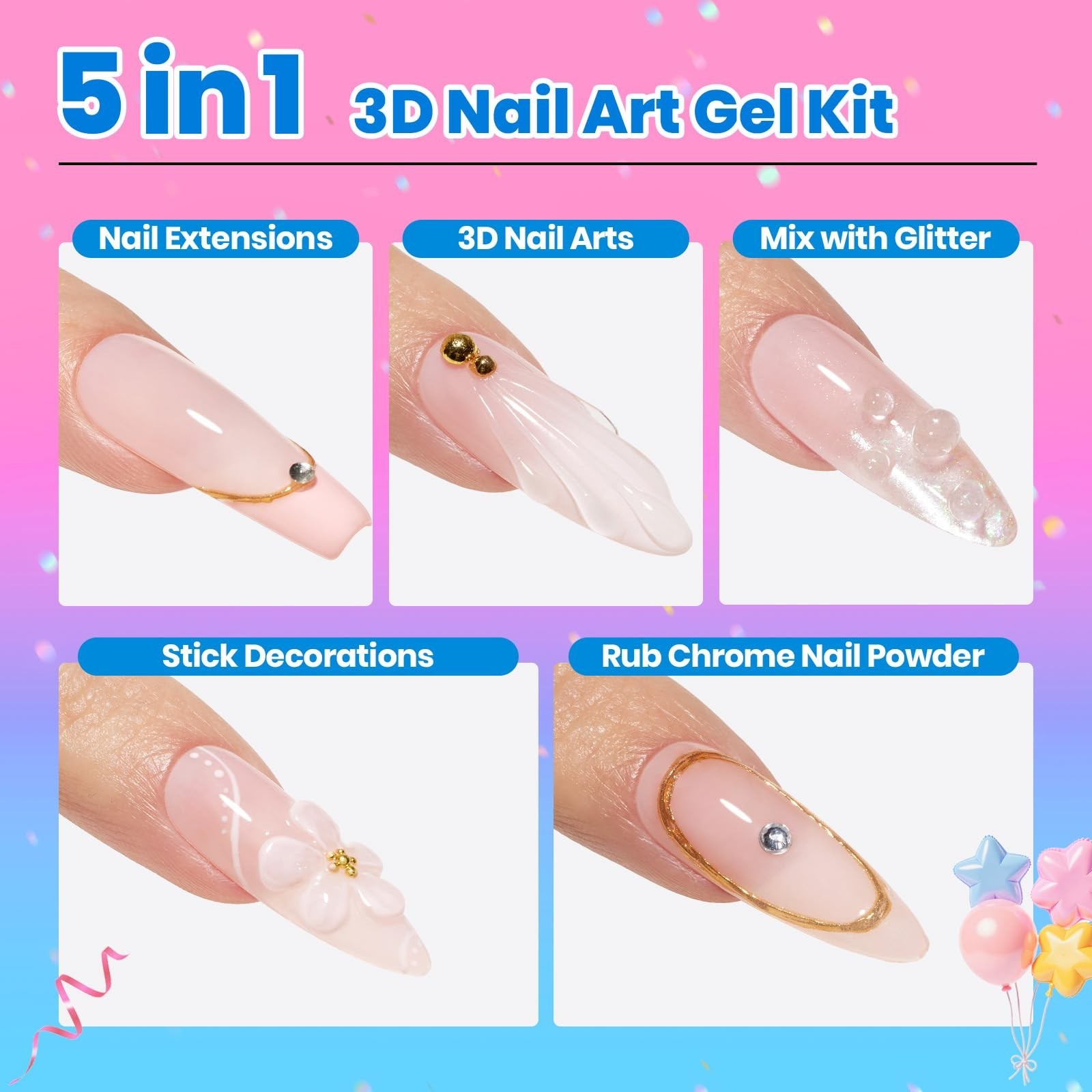 3D Gel Nail Art Kit – 1oz Clear Builder Gel, 5-in-1 Non-Sticky Sculpting Pen for