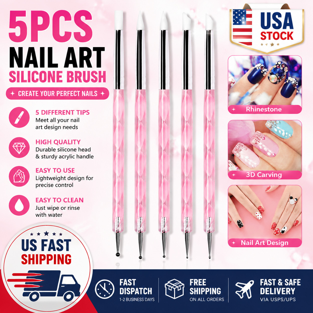 5pcs Nail BRUSH SET Dotting Acrylic UV Builder Art Gel Nail Silicone Brush Kits