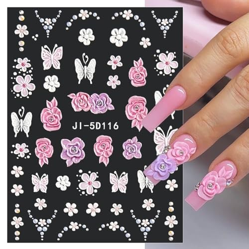 5D Embossed Flower Nail Stickers – Acrylic Carved Rose & Butterfly Nail Art