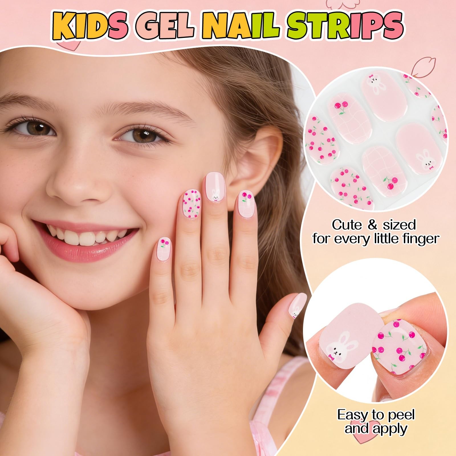 EBANKU Kids Gel Nail Polish Strips Cherry Cute Semi-Cured Nail Art Wraps | Fu…