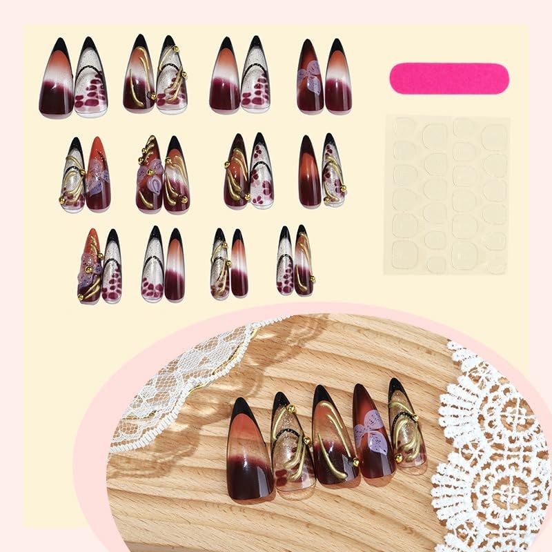 24Pcs Claret Flower Press on Nails Long Medium Almond Fake Nails with 3D Gold…
