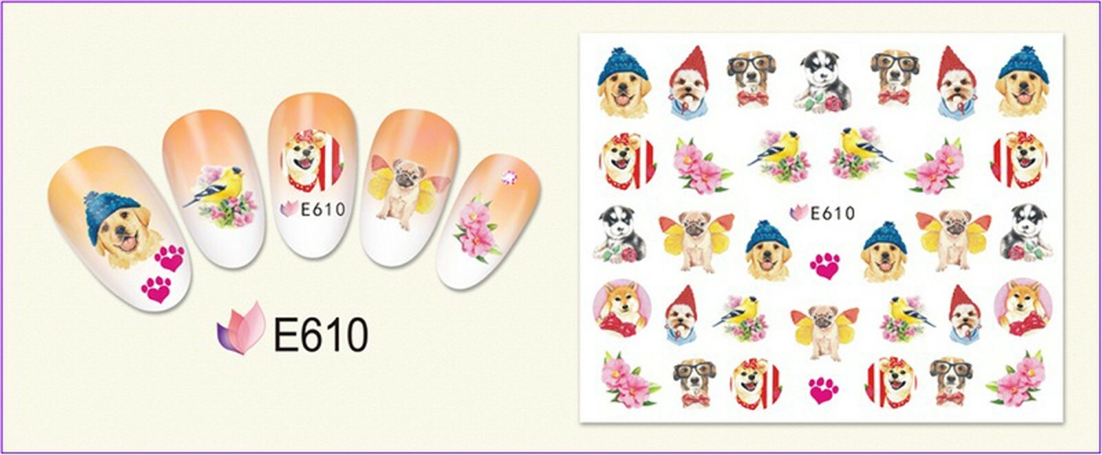 Nail Art 3D Decal Stickers Funny dog in hat pink flower dog paw E610