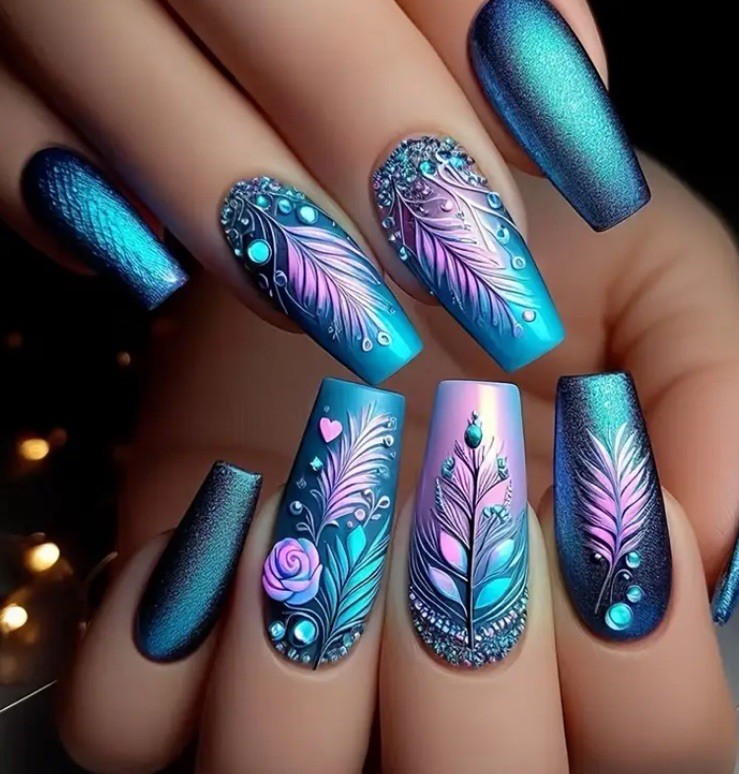 24pc Ballerina Ballet Style Turquoise Pink Long Press On nails Teal Feather Teal