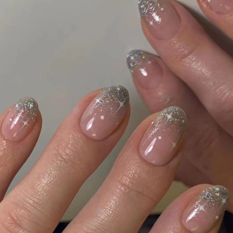 Silver Glitter French Press on Nails Short Almond fake Nails White Starburst …