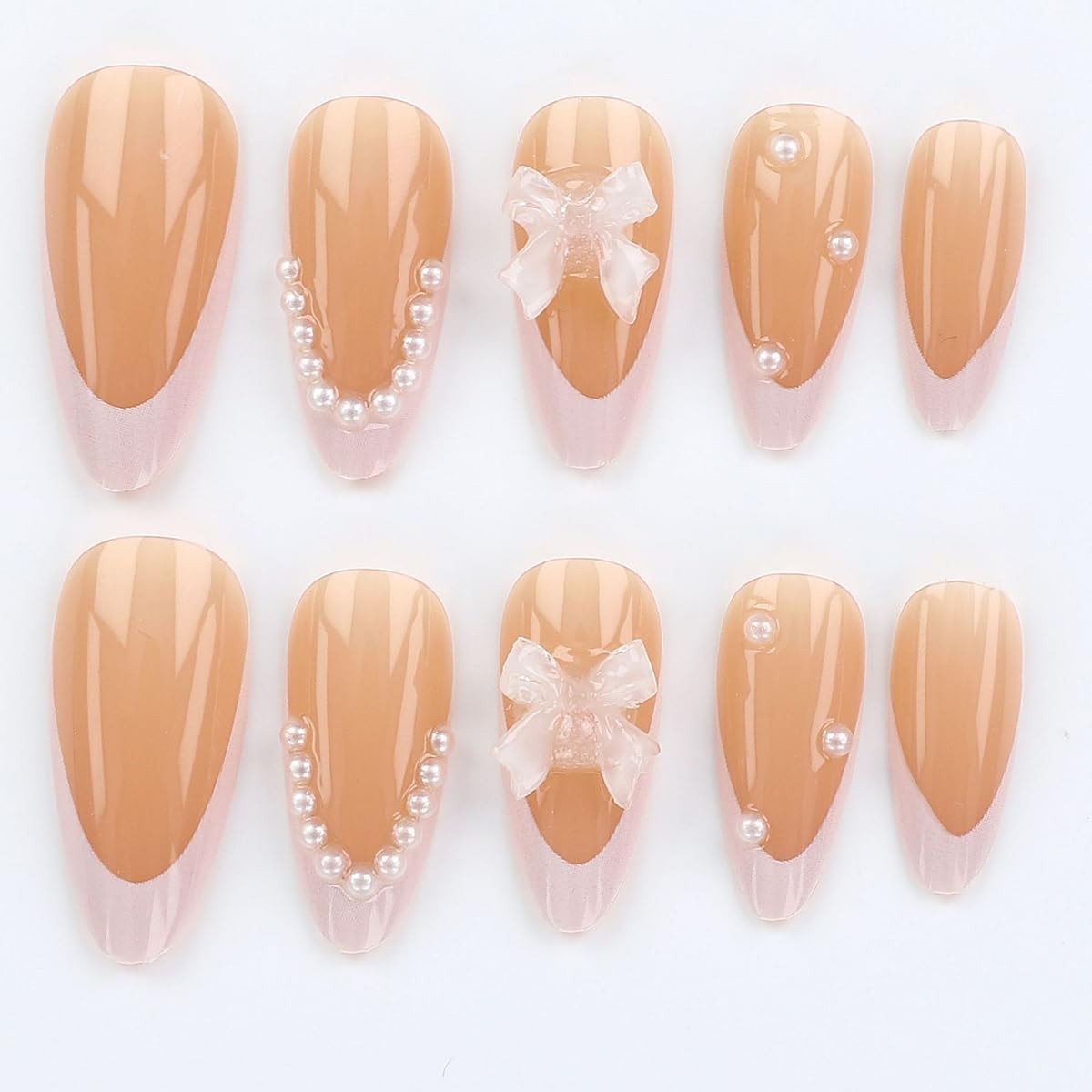 White French Tip Press on Nails Medium Almond Fake Nails with 3D Bow Pearl De…