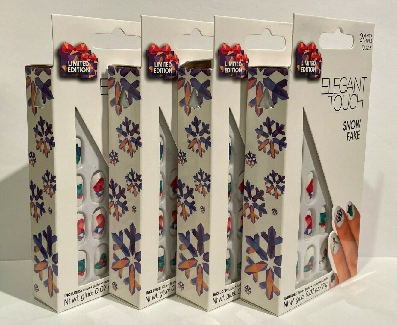 Lot Of 4 Elegant Touch SNOW FAKE – 24 Pack Nails 10 Sizes, Glue, Buffer