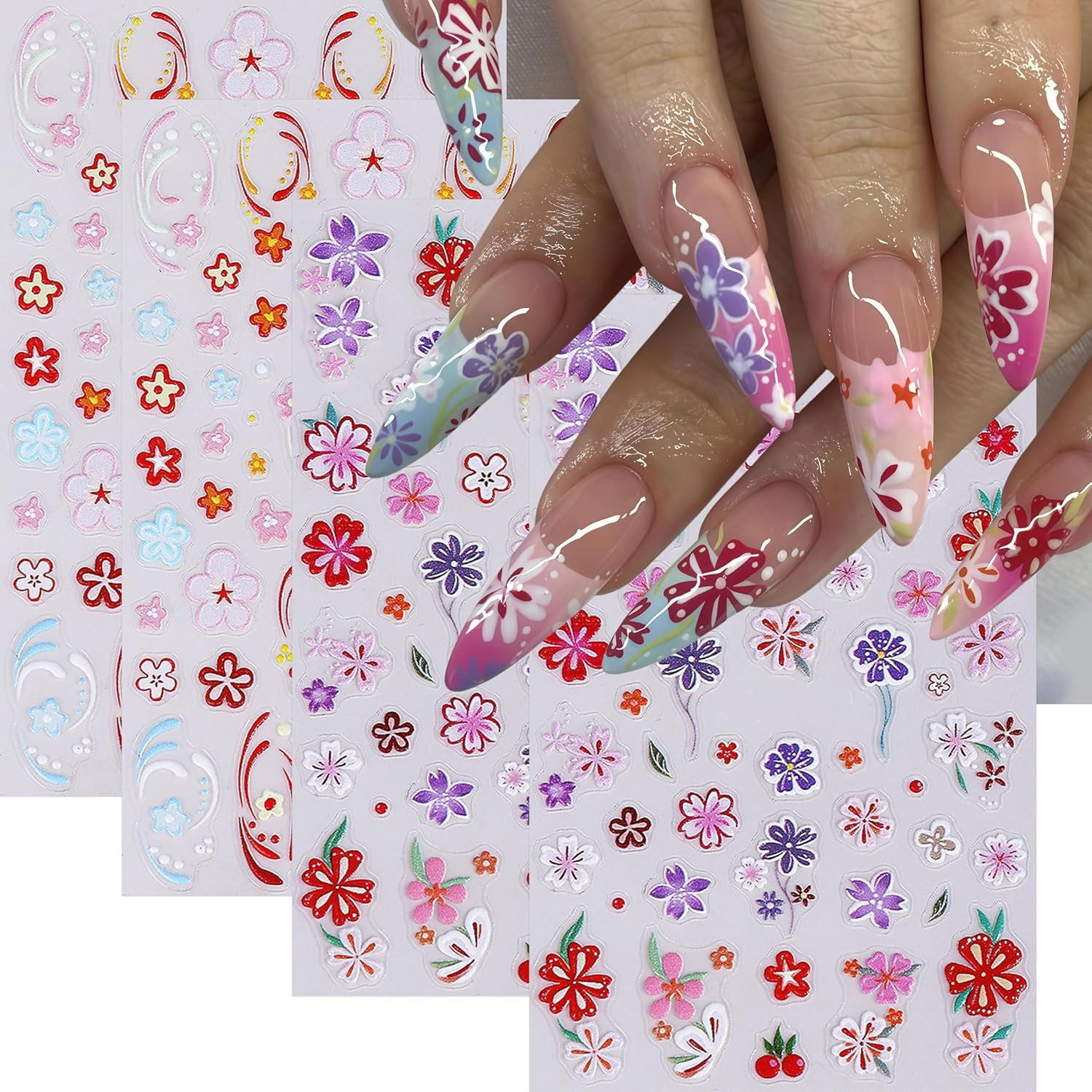 6 Sheets Flower Nail Art Stickers 3D Self-Adhesive Colorful Hawaiian Flowers Nai