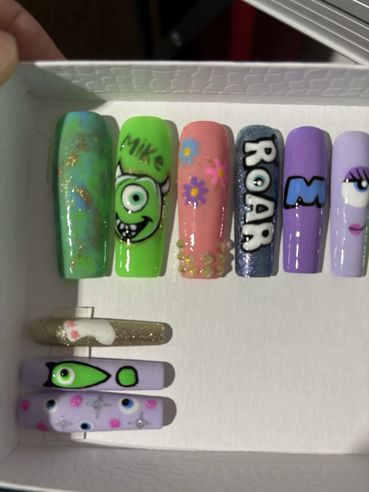 Monsters Inc Nails Press On Nails With Pink, Blue , Green & Purple Handmade
