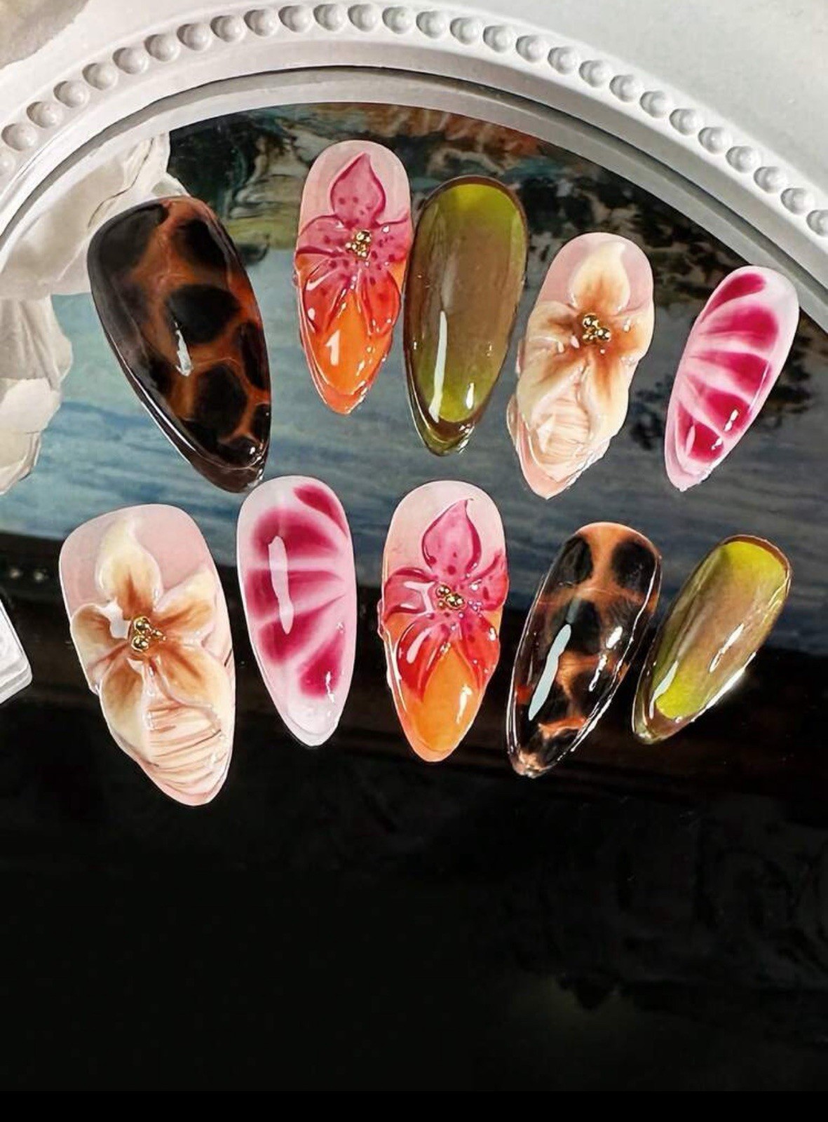 ENEN Medium Almond 3D Floral Press-On Nails Full Cover Self-Adhesive Set