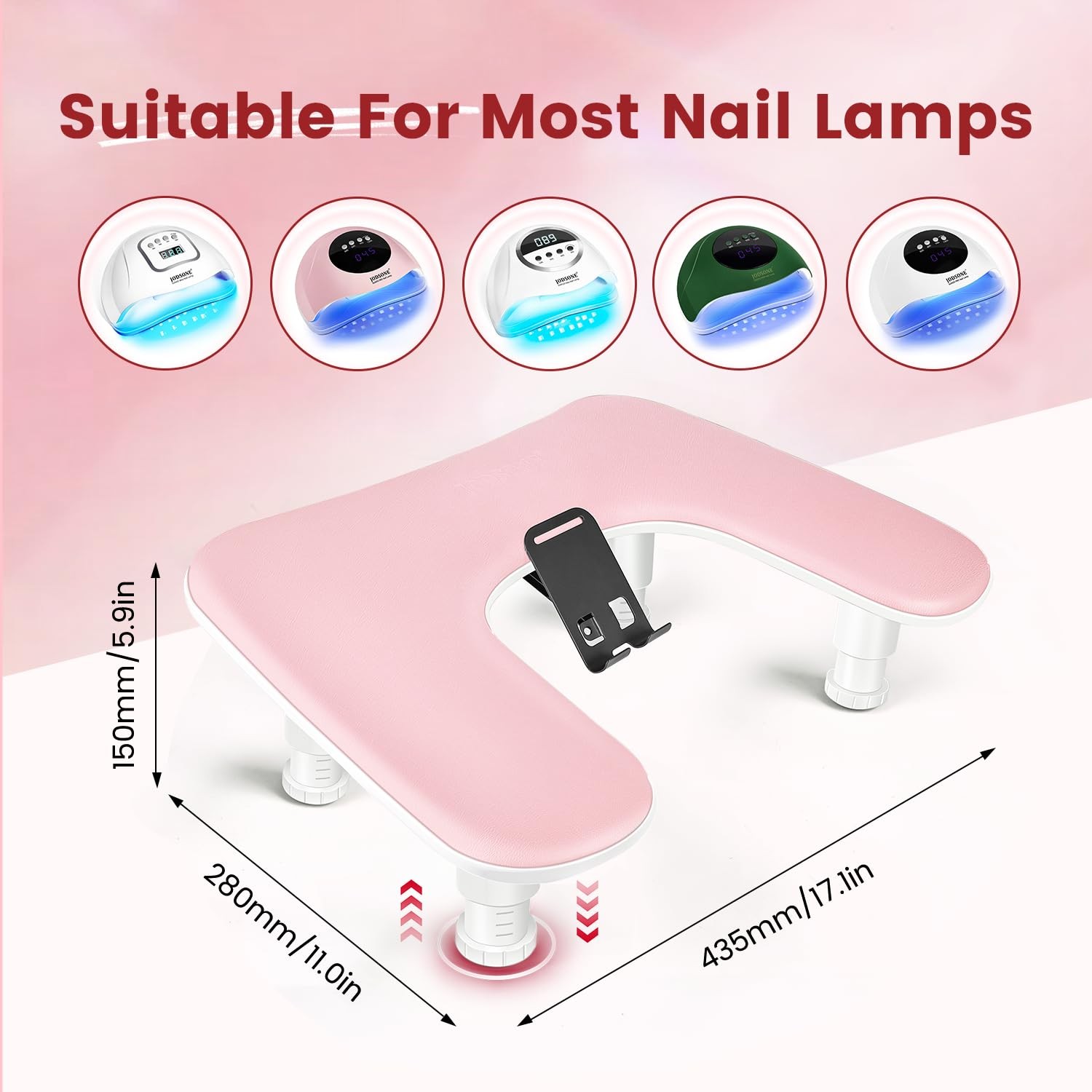 Pink U-Shaped Manicure Arm Rest for Nails Tech with Rotating 360°Built-In Pho…