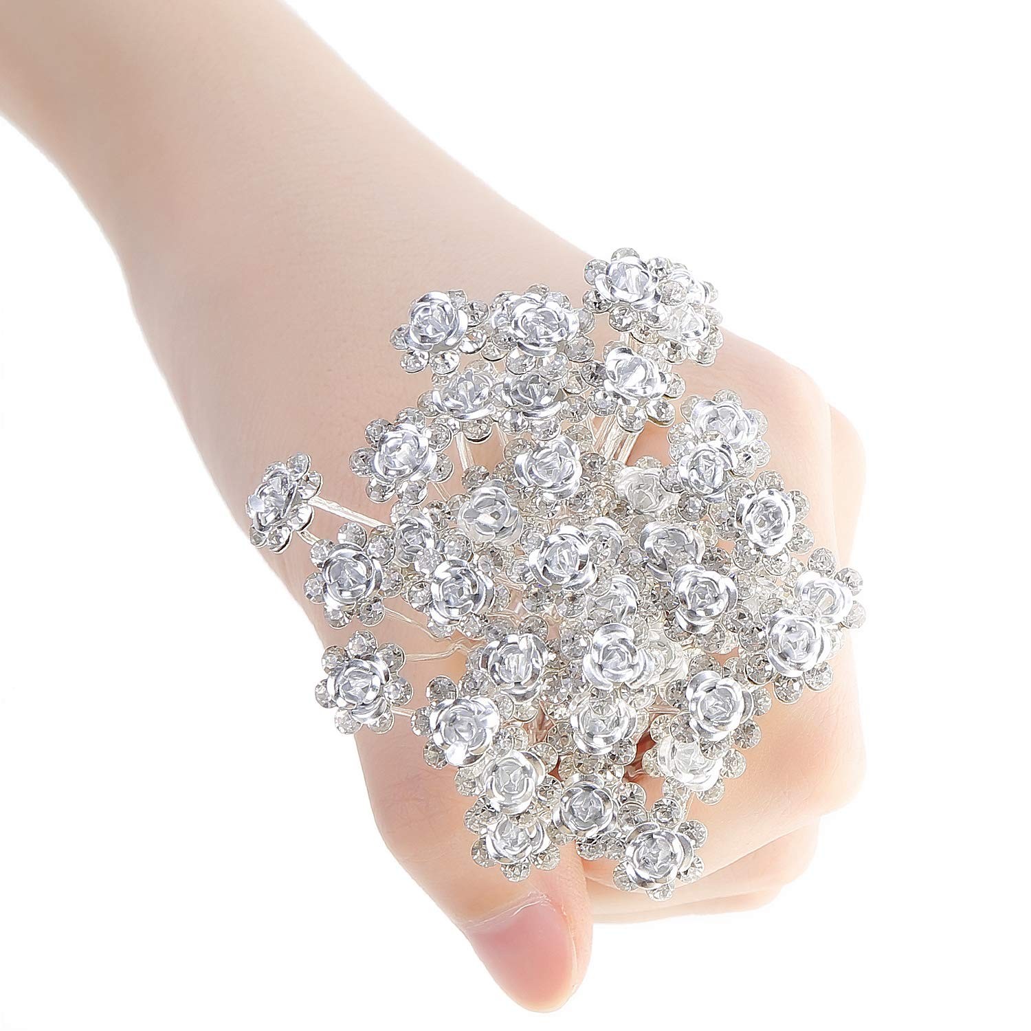 BETITETO 40 Pcs U-Shaped Flower Rhinestone Hair Pins Crystal White