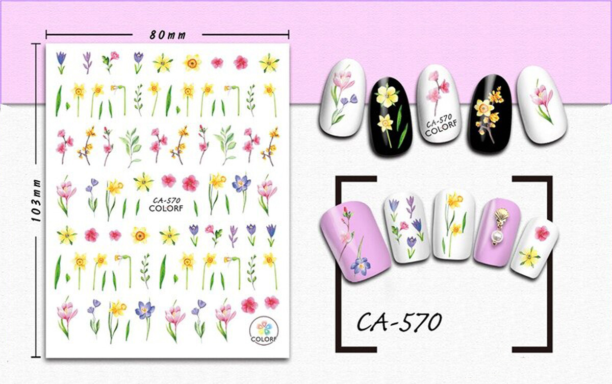 Nail art 3D stickers decal yellow pink blue daffodils green leaves CA570