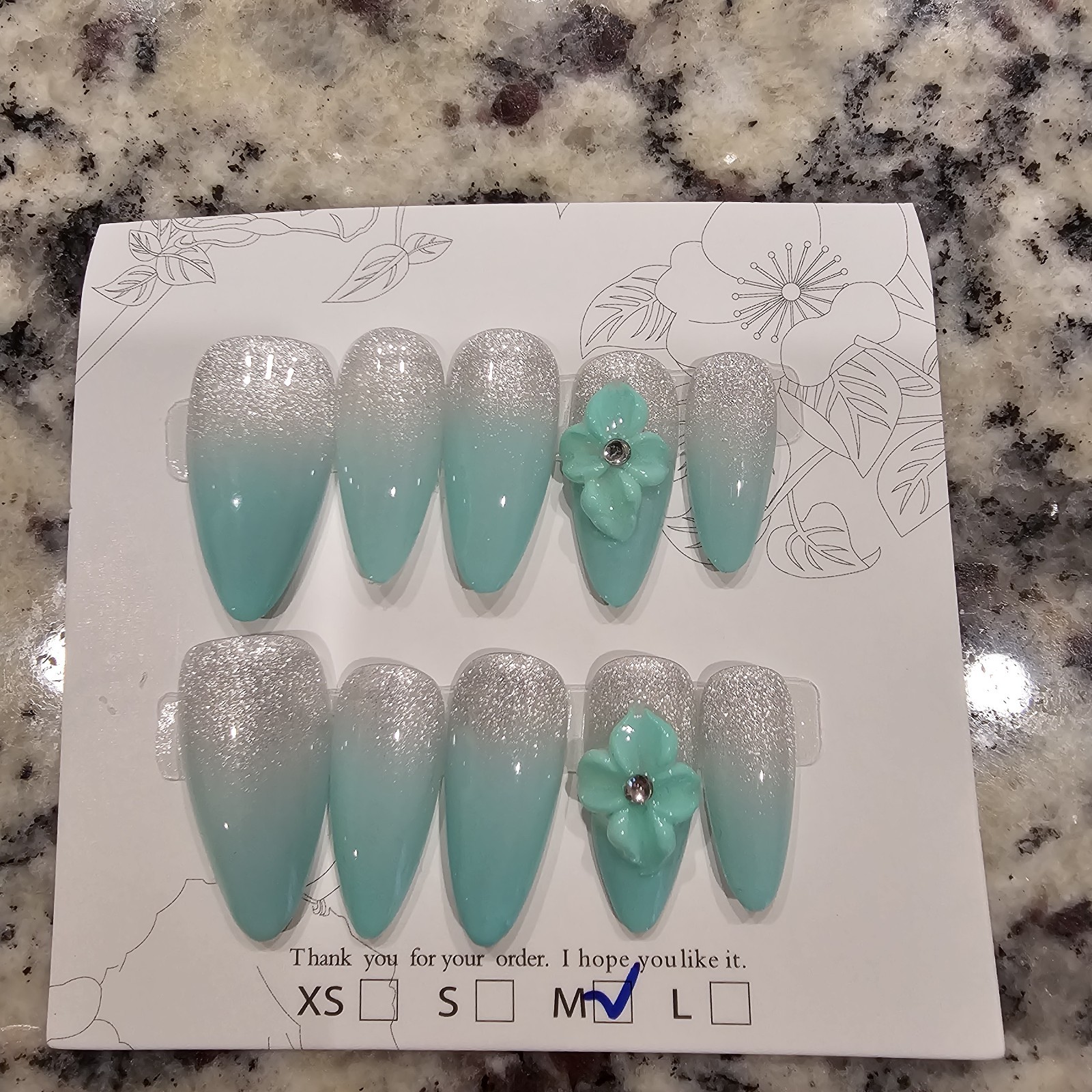 Handmade Acrylic Press On Nails Aqua Blue Green Floral Medium