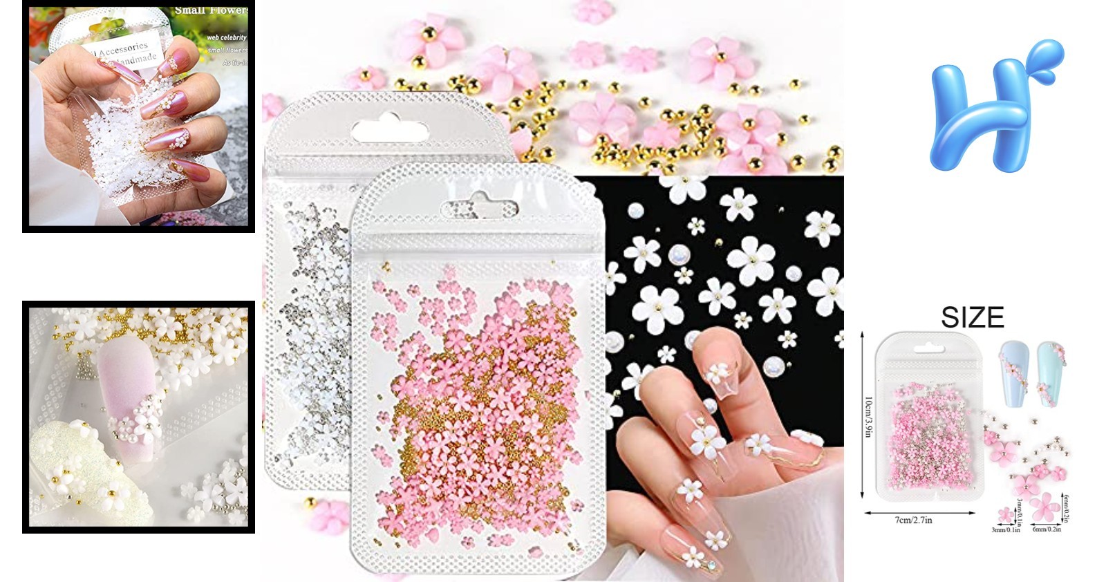 Luxury Acrylic 3D Flower Nail Decorations with Pearl Caviar Beads, 2 pc Set