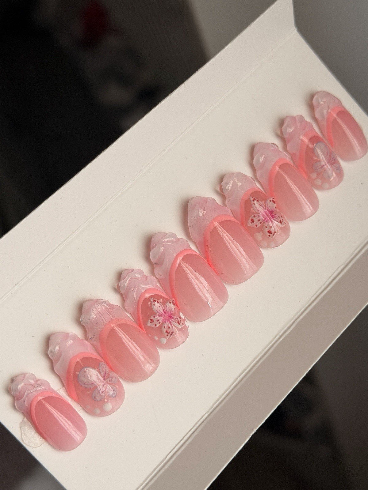 🌸 CUSTOM Press On Nails FRENCH BLACK Flower PINK 10p SET W Kit