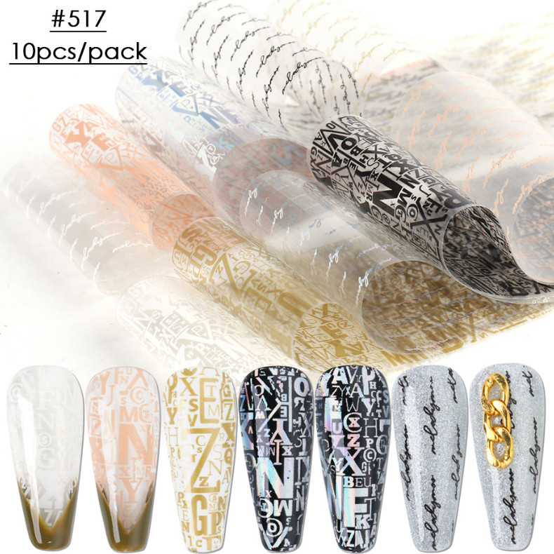 10Pcs Nail Foil Sticker Black White Letter Series Art Decals Decoration 517 NS46