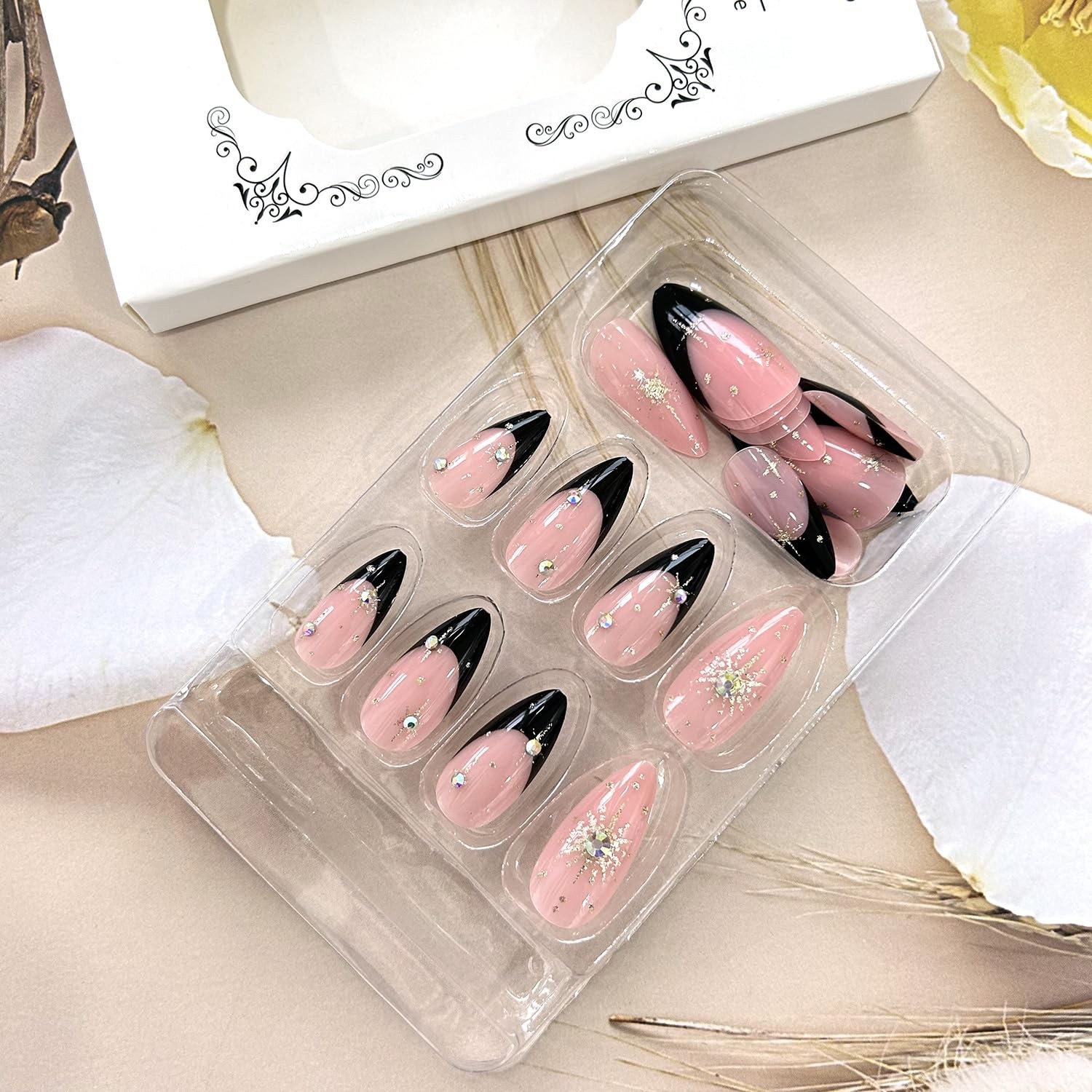 Black French Tip Press on Nails Medium Gold Glitter Rhinestones Medium, Multi