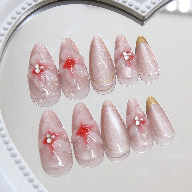 24pcs Nude Pink Glitter Press On Nail with 3D floral & Gold French Tip Almond