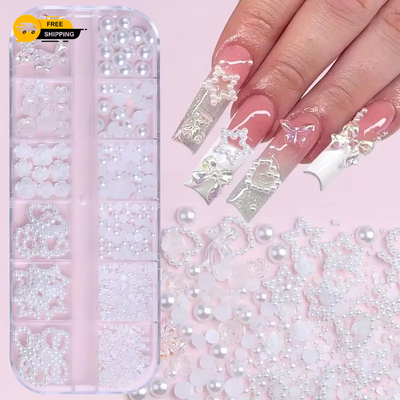 500PCS 3D Nail Art Decoration Kit with Resin Bows, Flat Back Pearls, and Assorte