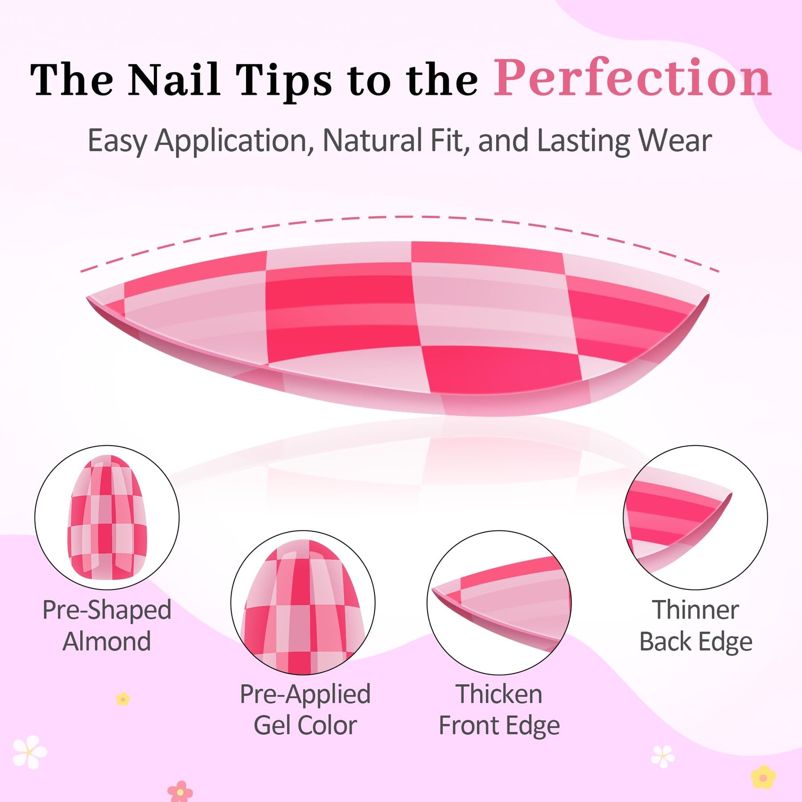 QIEK Rose Pink Grid Kids Press On Nails 1 Pack