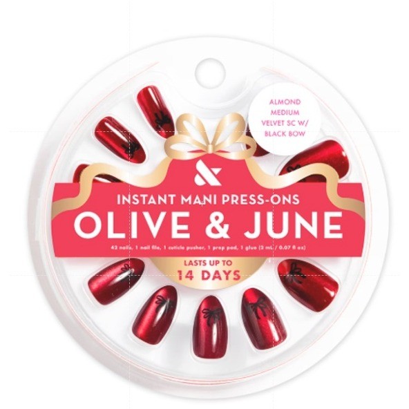 Olive & June Instant Mani Press-Ons Red Velvet Almond Medium Black Bow 42ct New
