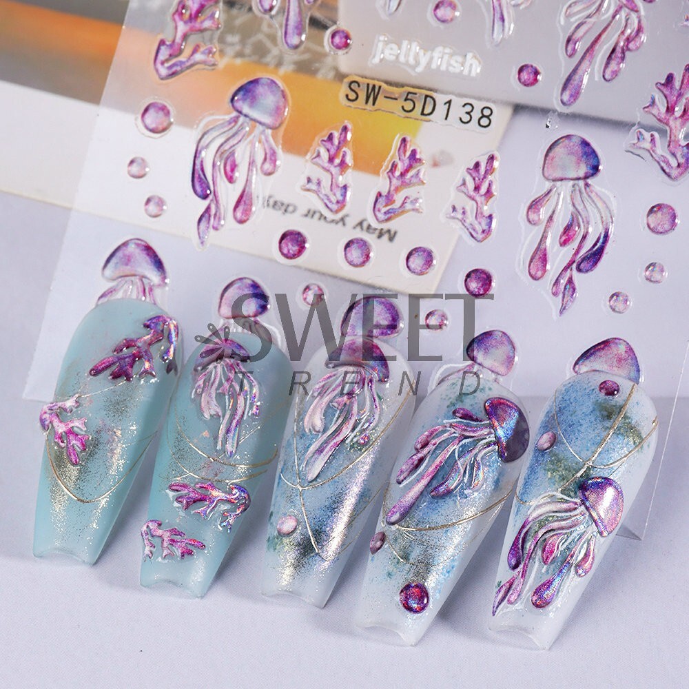 Summer Ocean Dolphin Shell Star Footprint Stickers 5D Embossed Nail Art Decals