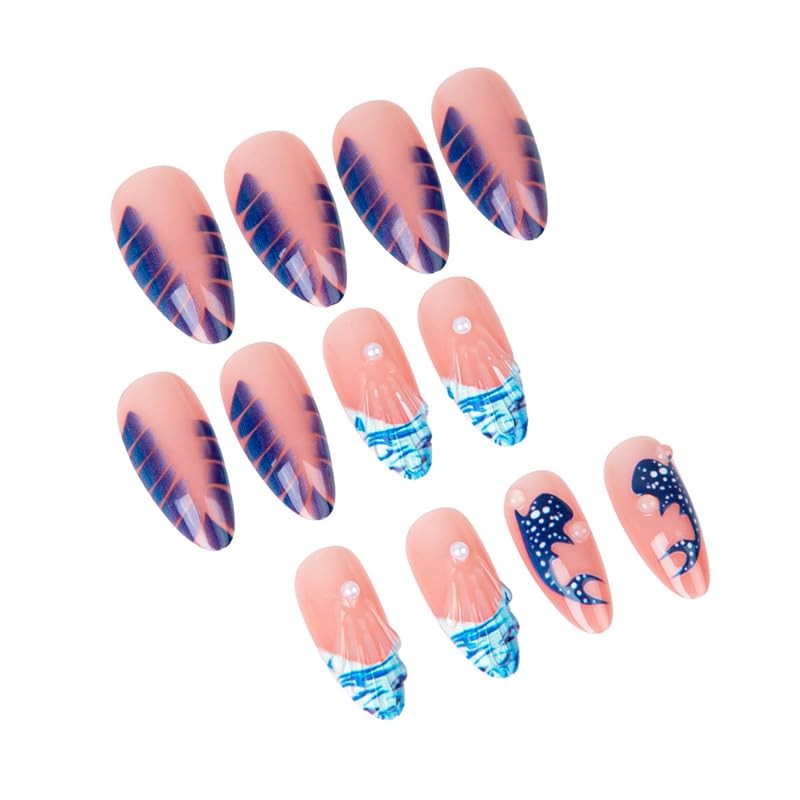 3D Wave Medium Press on Nails Almond Fake Blue | Spots Medium, Style-21