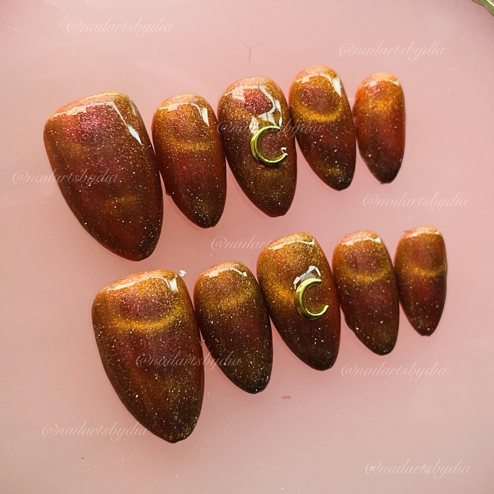 Authentic Nail Arts by Dia Almond Press-On Nails Brown Gold Glitter Moon Medium