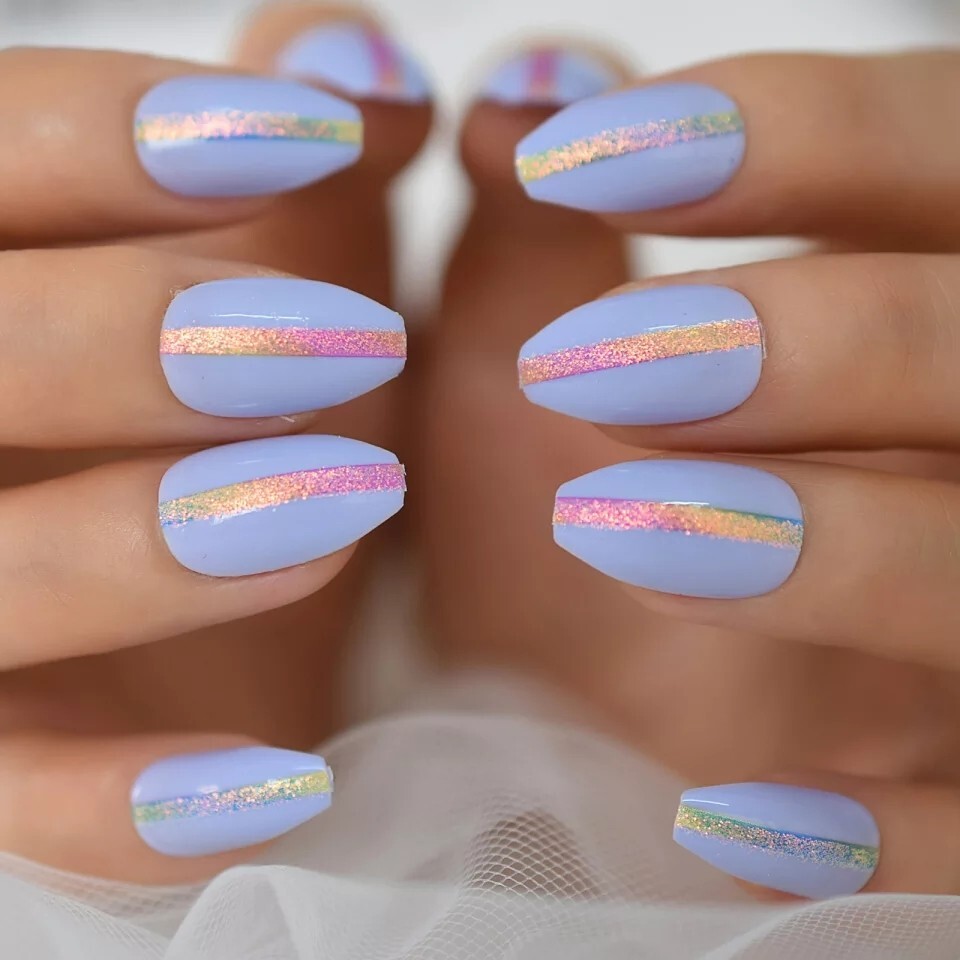 24 Purple Holographic Press On Nails w/ Glue glitter rainbow bright light purple