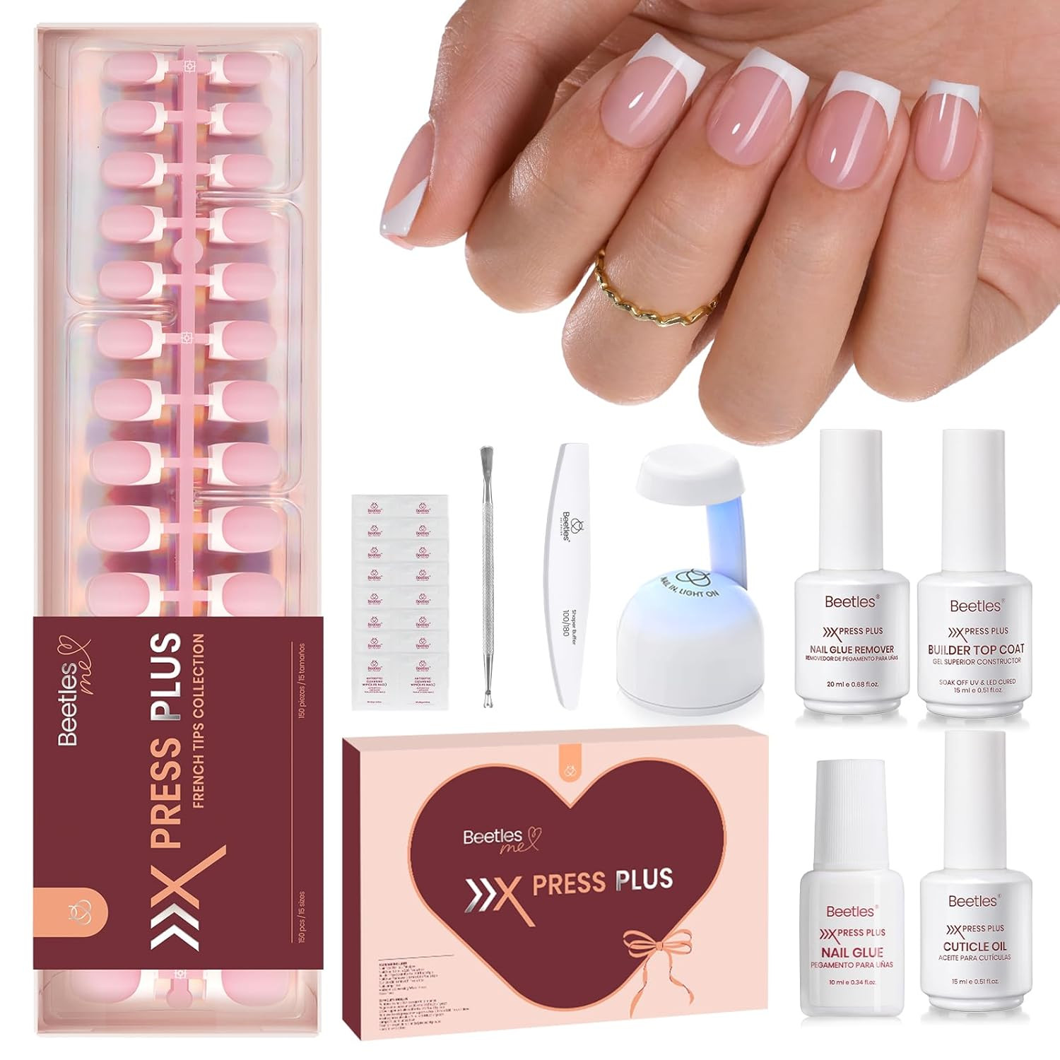 X Press plus Gel Nail Kit, Pink French Short Square Press on Nails | 15 Sizes, 1