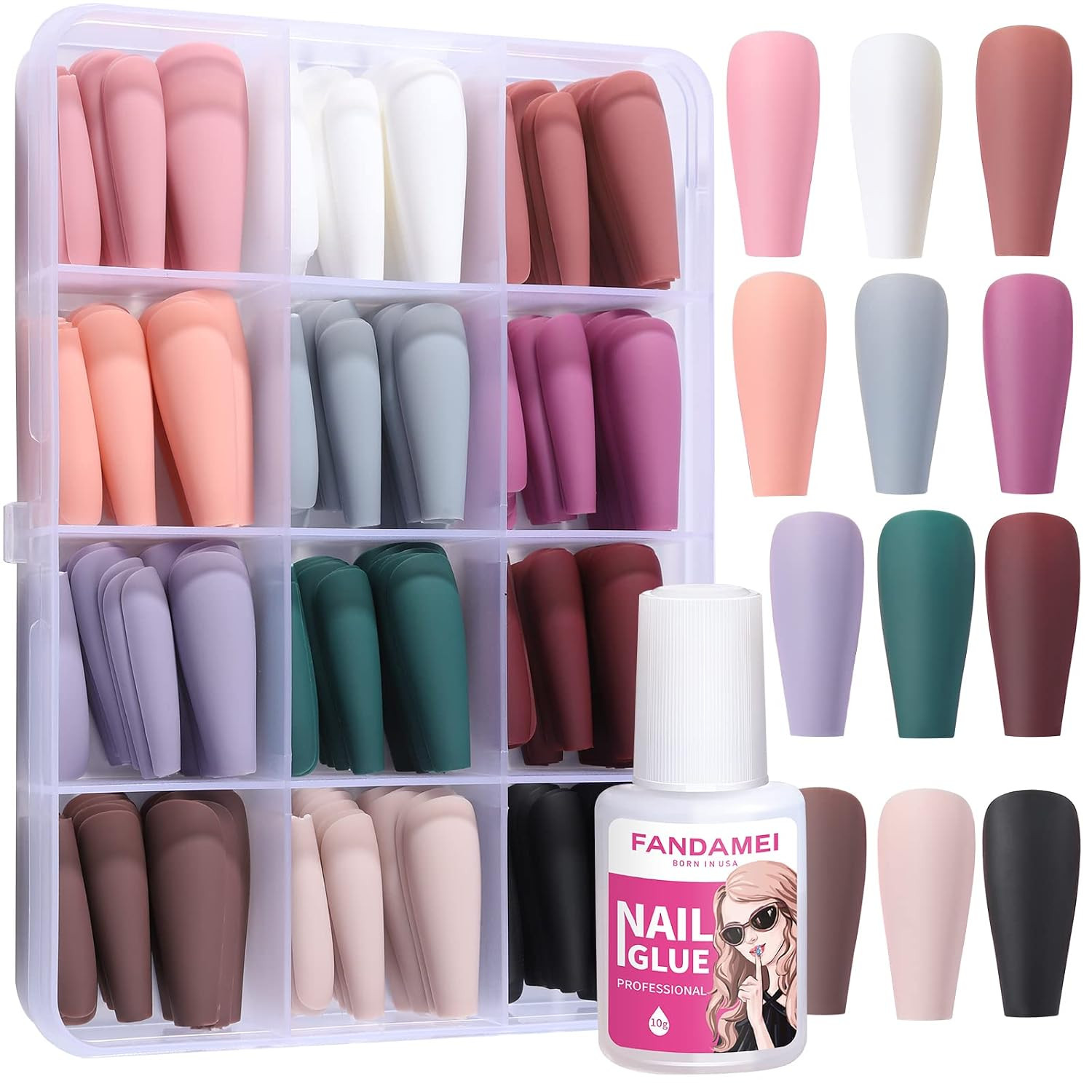 Matte Press On Nails Long Coffin, 12 Color 240PCS Full Cover Long Ballerina Fake