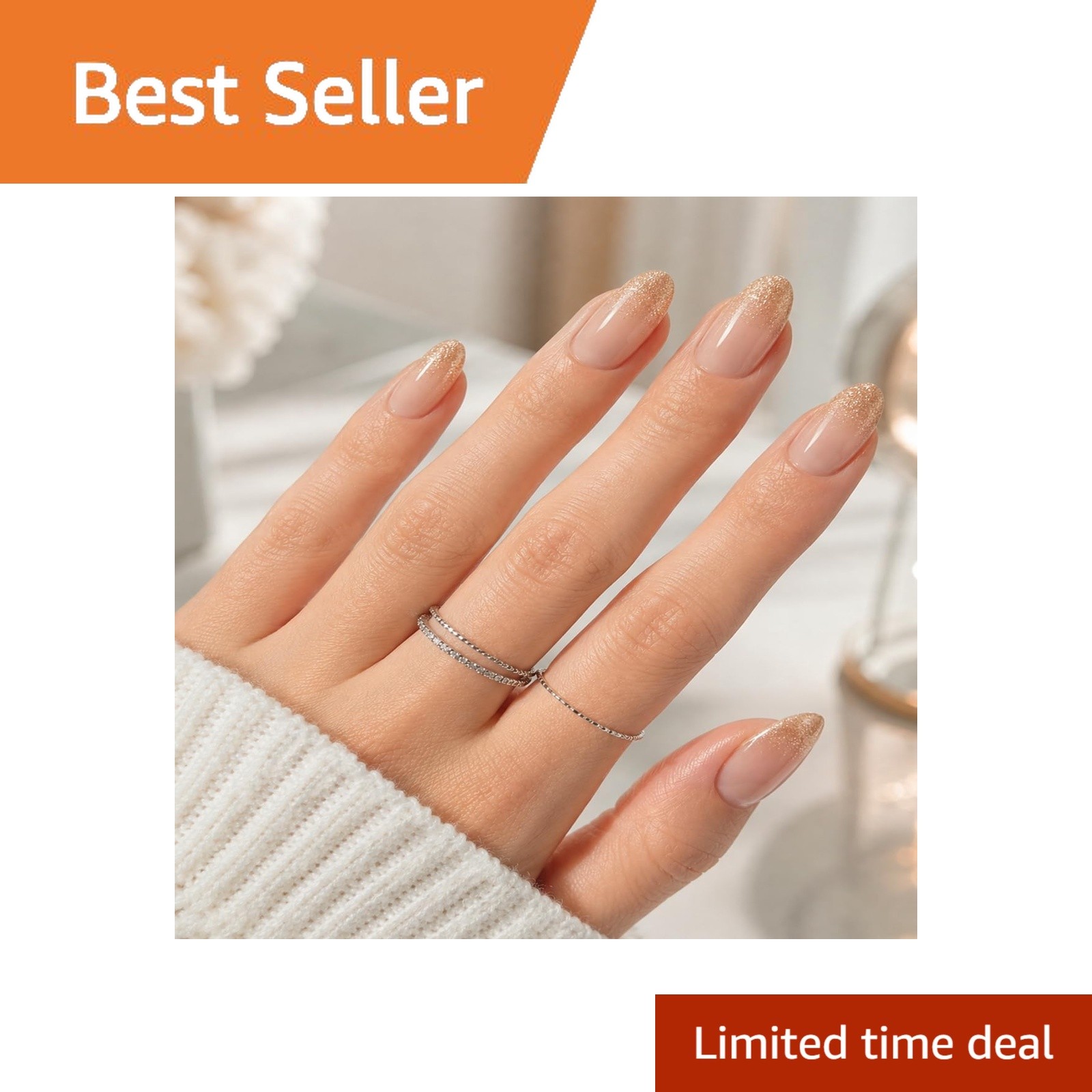 Skiennix Almond Press On Nails Gold Glitter Ombre French