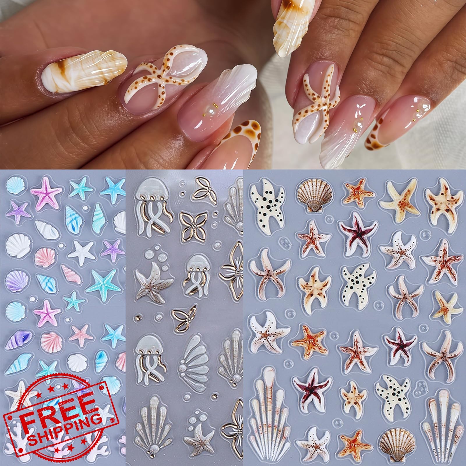 SHUXILIN 5D Ocean Life Nail Stickers Starfish Decals