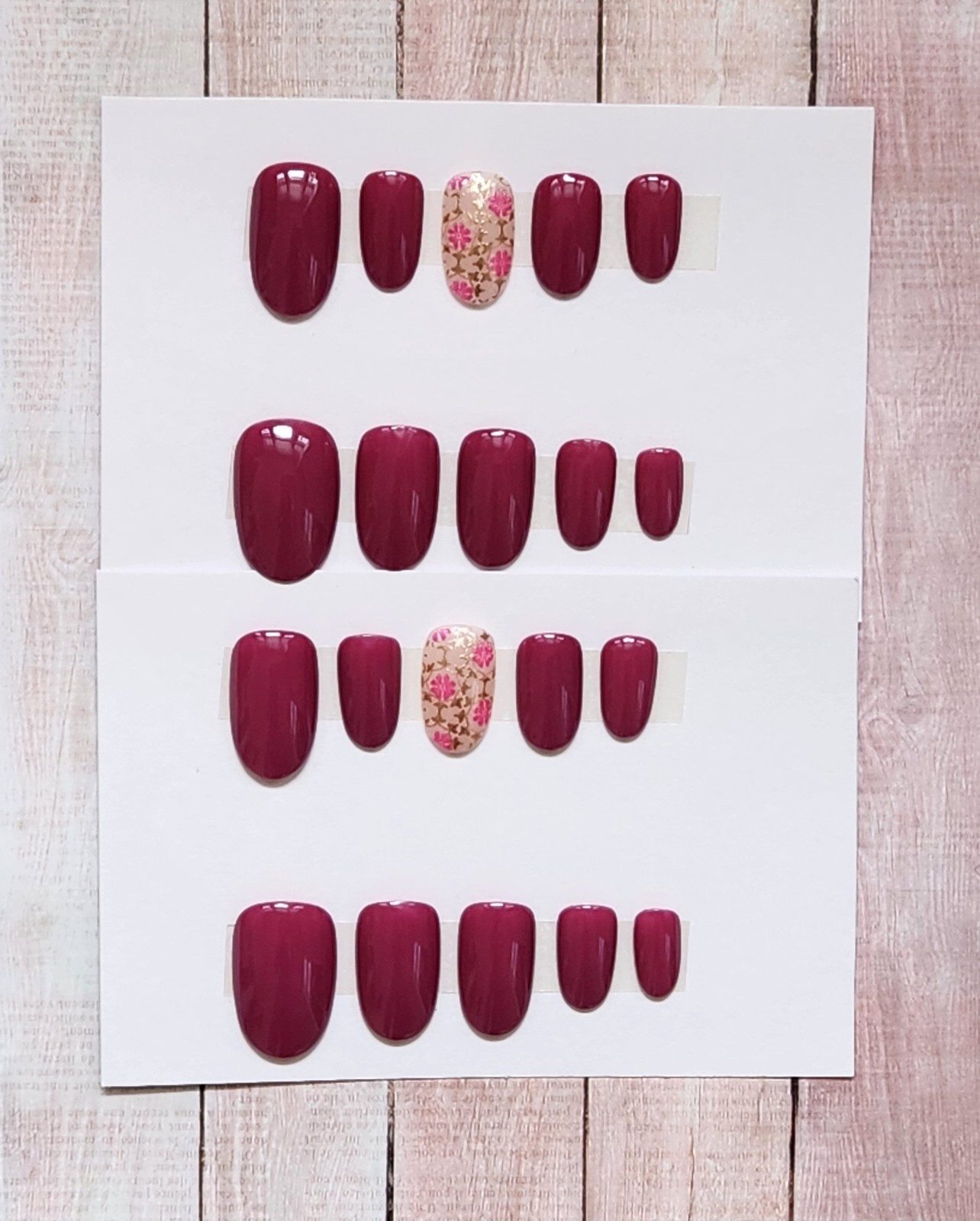 Custom Press On Handmade Gel Nails Rose Red Mosaic Accent Oval Short 20 Tip